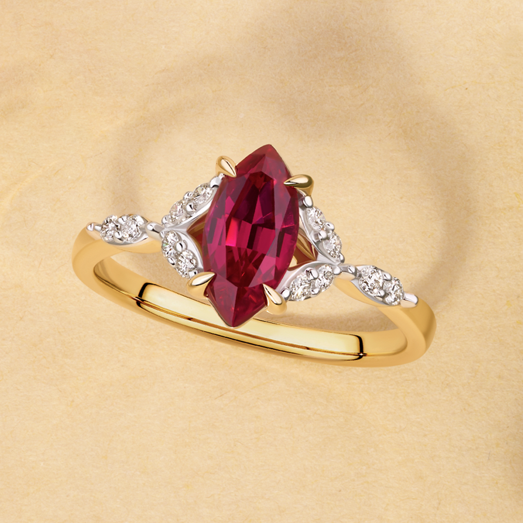 3-Stones Hexagon Lab Ruby w/ Kite Cut Emerald Sidestones Wedding Ring Set  Bezel Prong Rose Gold